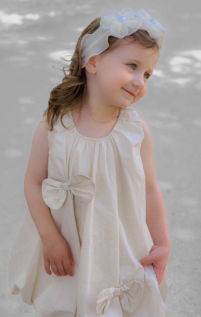 Cute Bow Baby Dress – 100% Cotton (Beige) - APAMAH